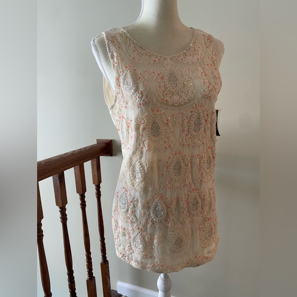 INC International Concepts Cream Embellished Sleeveless Shell with Pink Beads